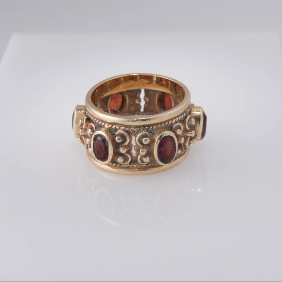 1900’s 14K Gold Red Stone Etruscan Style Ring Band Cigar Scrolled Carved Details - Picture 3 of 7